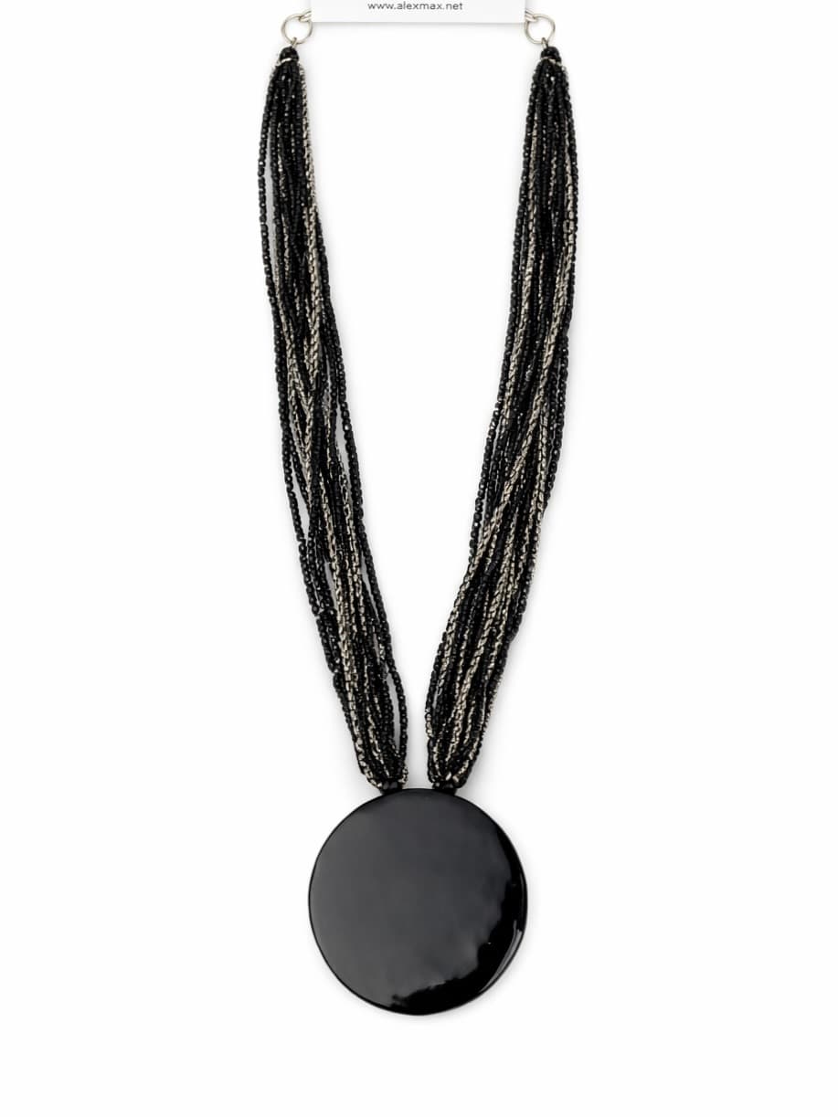 Black Beaded Necklace with Round Stone