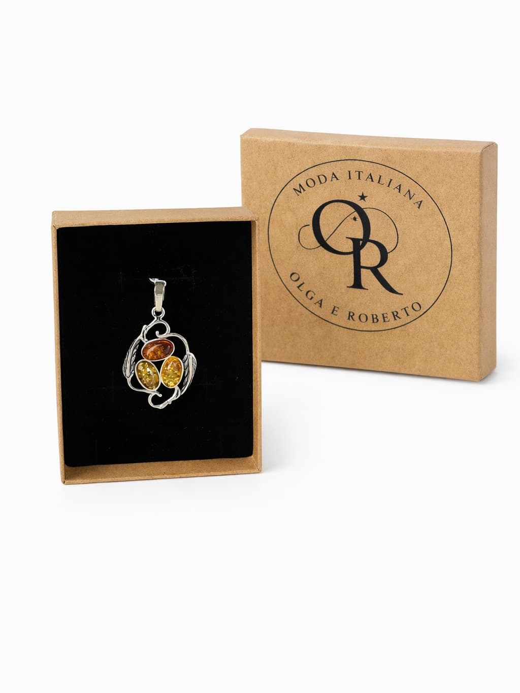 Amber pendant with feathers